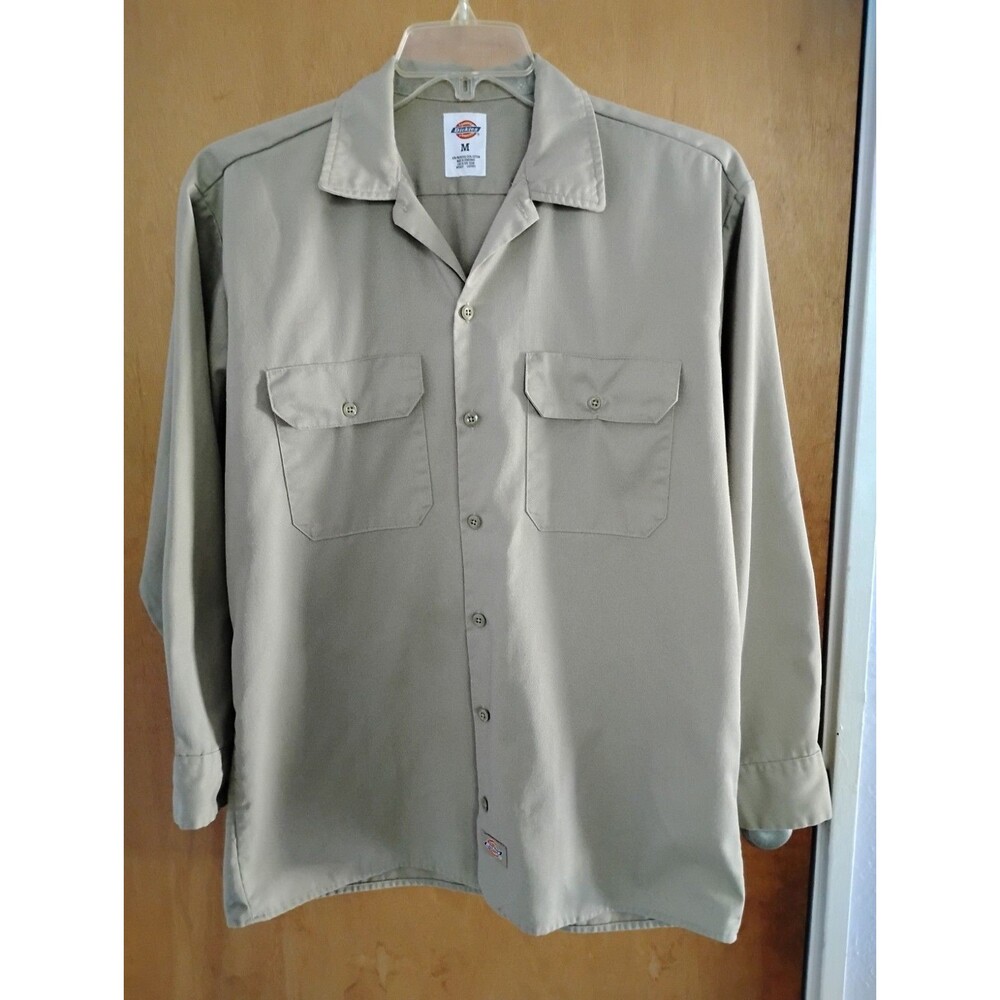 Dickies Tan Long Sleeve Button Cotton Down Blue Collar Worker Shirt Size Medium